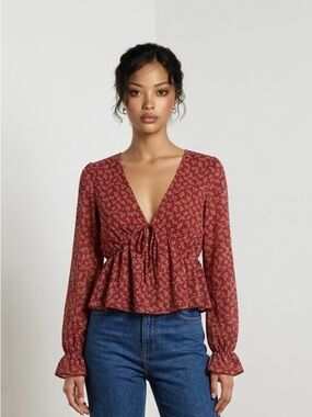 SHEIN Rust Floral Tie-Front Peplum Long-Sleeve Top